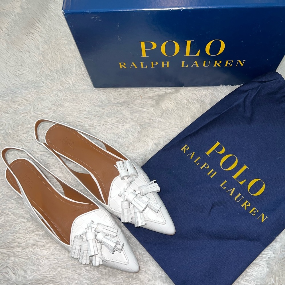 Polo Ralph Lauren Women's Embossed Leather Slingback Flat White Size 8